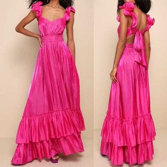 NWOT Pristine Glow Magenta Pink Ruffled Tie-Back Maxi Dress